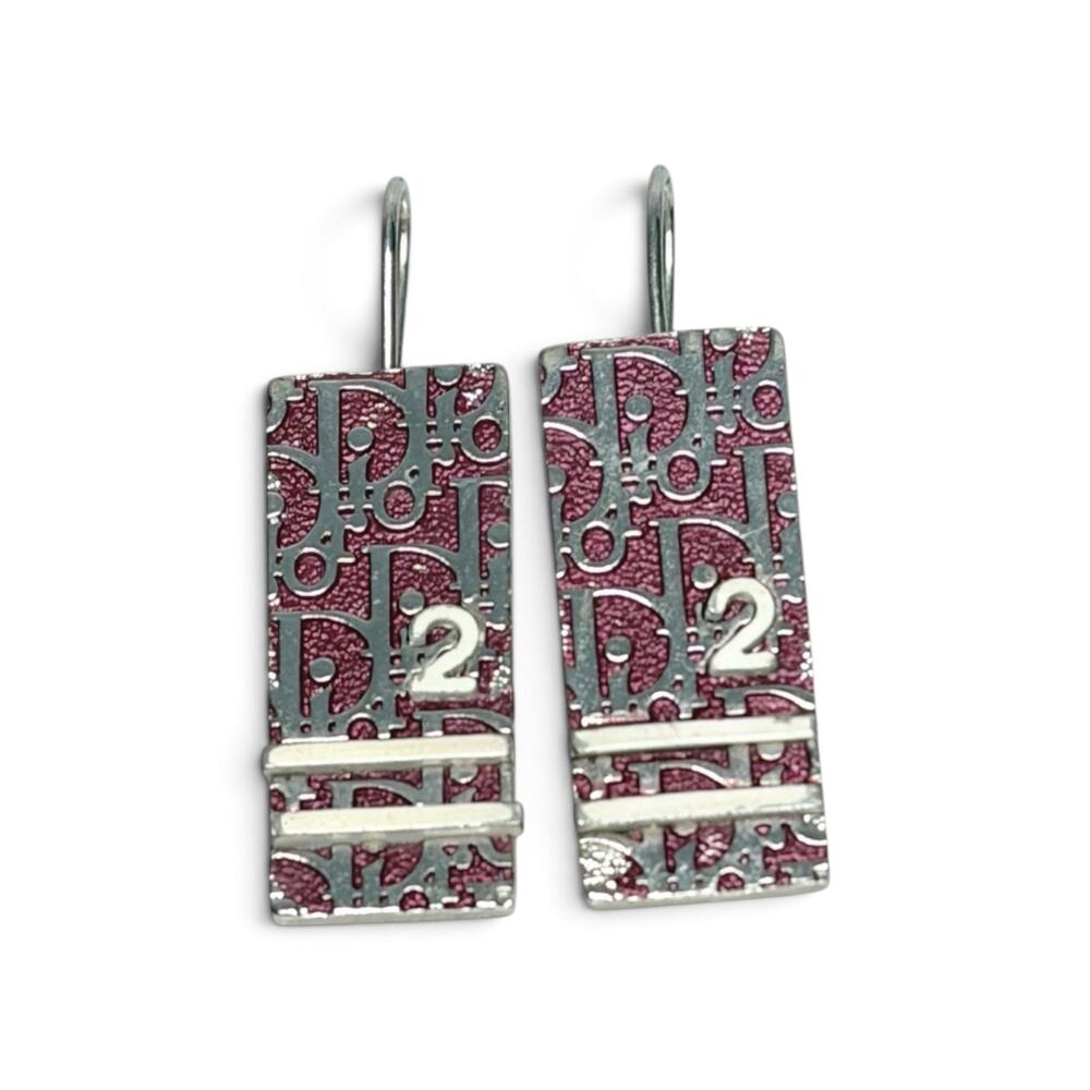 Christian Dior Red Silver Trotter Monogram Dangle Earrings with Box Authentic